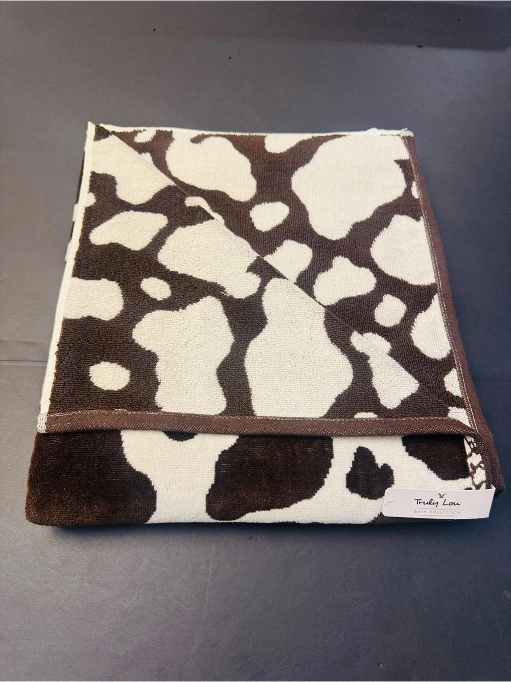 3pc TRULY LOU Bath Towel Set - Cotton Velour - Cow Print -Hot Fudge-Br/OffWhite